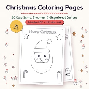 Christmas Coloring Pages for Kids with 20 cute designs like Santa, snowmen, gingerbread friends and reindeer.