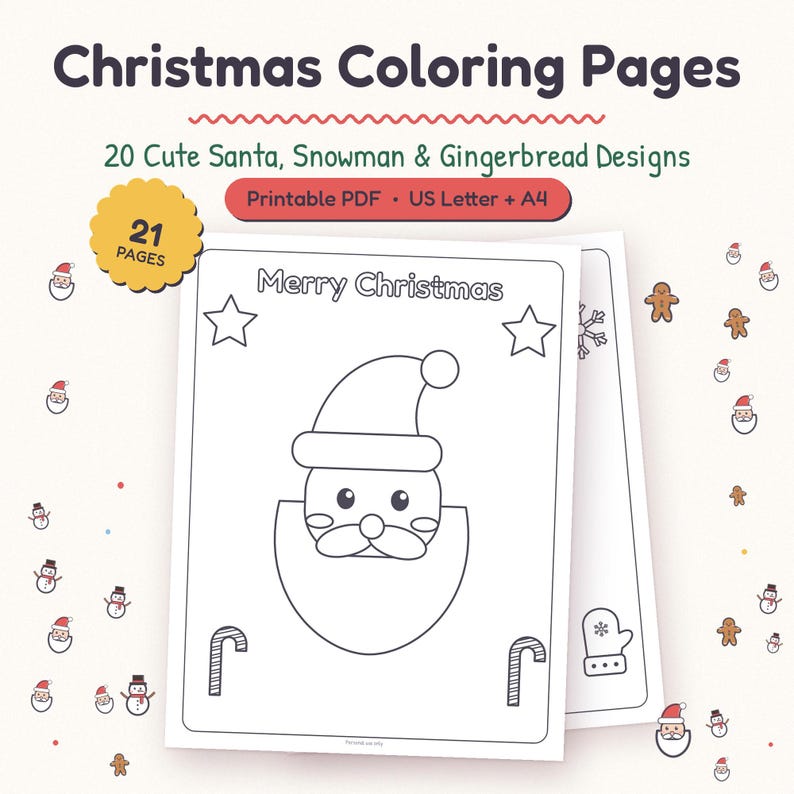 Christmas Coloring Pages for Kids with 20 cute designs like Santa, snowmen, gingerbread friends and reindeer.