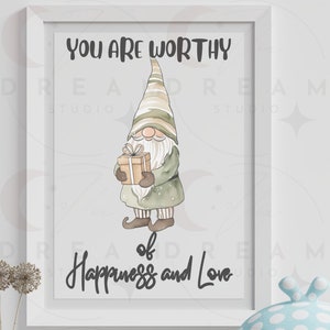 You Are Worthy Gnome-poster, motiverende kerstcitaat, kabouter-clipart, schattige png, aquarel vakantie kunst inspiratie, commercieel gebruik!
