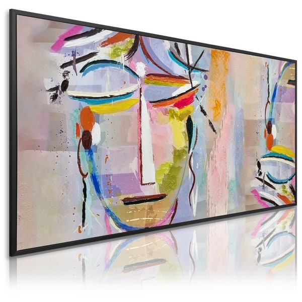 DekoArte - Tableau abstrait peint à la main 140x70 cm VISAGES  PICASSO COULEURS - Tableau Moderne avec cadre couleur noir