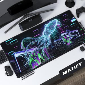 Podkładka pod mysz Cyber Kraken Glitchcore | Podkładka pod mysz gamingową Neon Wireframe Squid | Rozszerzona podkładka Dark Webcore | Nowoczesny prezent technologiczny dla programistów Linuksa