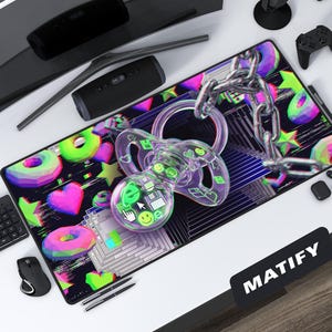 Glitchcore Retro Handheld Desk Mat | Melting Atomic Purple Gaming Mouse Pad | Neon Webcore Extended Pad | Edgy Tech Gift for Retro Gamers
