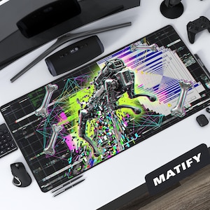 Chrome Robot Dog Glitch Desk Mat | Neon Cyberpunk Tech Mouse Pad | Data Loss Error Art | Edgy Software Developer Gift & Streamer Setup