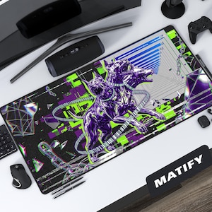 Puede incluir: Alfombrilla de ratón rectangular negra con un diseño de perro morado de tres cabezas y detalles en verde neón y blanco. La alfombrilla tiene un patrón geométrico y la palabra "MATIFY" en blanco sobre un rectángulo negro.