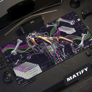 Cybernetic Robot Dog Glitch-bureaumat | Neon cyberpunk robotmuismat | Tech Dystopia Error Art | Leuk cadeau voor software-ingenieur