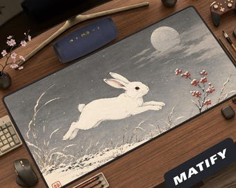 Alfombrilla de escritorio japonesa con diseño de conejo de nieve / Alfombrilla de ratón grande con estampado de bloques de madera invernales / Accesorio de escritorio minimalista con estampado de la luna y tinta Usagi, regalo estético