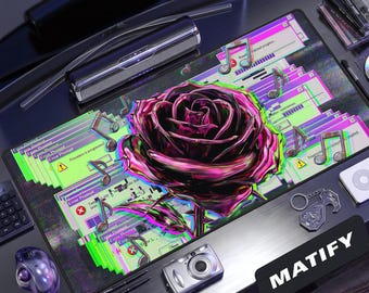 Glitchcore Chrome Rose Desk Mat | Webcore Music Producer Mouse Pad | Neon Error Prompt Extended Pad | Edgy Tech Gift for Beatmakers