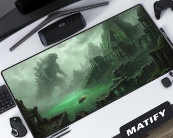 Godzilla Kaiju Desk Mat | Ancient Ruins Monster Extended Mouse Pad | Dark Sci-Fi Fantasy Desk Pad | Epic Gamer Gift for Kaiju Fans