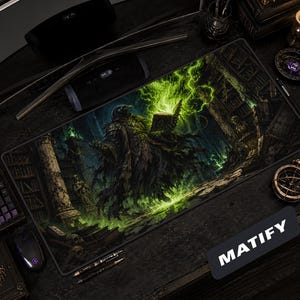 Podkładka pod mysz Dark Fantasy Raven Warlock | Podkładka pod mysz do gier Glowing Sorcery Spellbook | Gotycka biblioteka RPG | Fajny prezent dla gracza Nekromanty