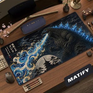 May include: A rectangular desk mat featuring a dark, detailed illustration of Godzilla breathing blue energy. The design includes stylized waves, a full moon, a pagoda, and Japanese text. The mat has a black border and a smooth surface texture.
