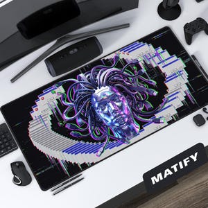 Cyber Medusa Glitchcore Schreibtischunterlage | Webcore USB-Kabel Haar-Gaming-Mausunterlage | Neon IT-SETup erweitertes Pad | Edgy Tech Geschenk für Programmierer