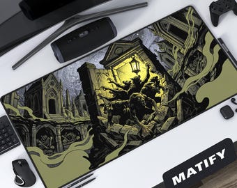 Gothic Horror Beast Desk Mat | Bloodborne Style Werewolf Mouse Pad | Dark Illustrative Tomb Extended Pad | Edgy Macabre Gift for Metalheads