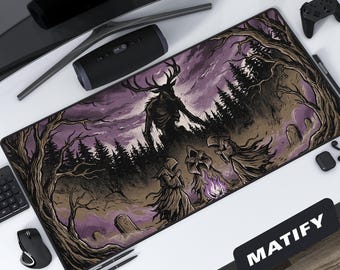 Folk Horror Wald Schreibtischmatte | Wendigo Witchy Ritual erweiterte Mausunterlage | Leshy Dark Fantasy Spielmatte | Okkultes Goth Home Office Einrichtungs Geschenk