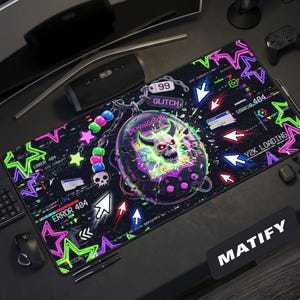 Y2K Glitchcore Desk Mat | Neon Skull Demongotchi Millenial Pet Mouse Pad | Retro Webcore Gamer Setup Decor | Edgy Aesthetic 404 Tech Gift