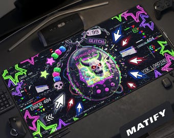 Alfombrilla de escritorio Y2K Glitchcore / Alfombrilla de ratón Neon Skull Demongotchi Millennial Pet / Decoración Retro Webcore para gamers / Regalo tecnológico con estética vanguardista 404