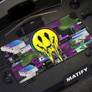 Alfombrilla de escritorio con fallo del sistema / Alfombrilla de ratón cyberpunk con cara de emoji derretida / Alfombrilla de juego retro con error de Internet / Regalo para configuración de hacker neón vanguardista