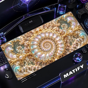 Alfombrilla de escritorio con diseño de concha dorada ornamentada, alfombrilla de ratón con fractal de perlas, alfombrilla de ratón grande con nautilo iridiscente, elegante decoración para la oficina en casa, configuración de juegos de fantasía