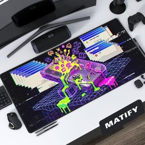 Glitchcore Retro Handheld Desk Mat | Melting Atomic Purple Gaming Mouse Pad | Neon Webcore Extended Pad | Edgy Tech Gift for Retro Gamers