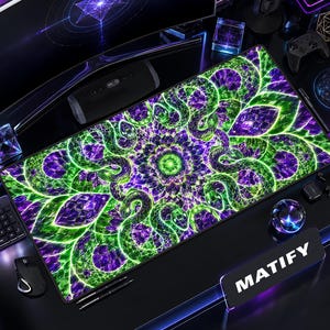 Neon Green and Purple Snake Scale Desk Mat, Trippy Reptile Gaming Mouse Pad, Psychedelic Gamer Desk Setup Accessory, Edgy Office Decor
