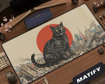 Catzilla Kaiju Cat bureaumat Japanse ukiyo-e-stijl, grote gaming-muismat grappig retro Tokyo Aftermath Destruction Art Werkruimte Kantoorinrichting