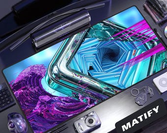 Cyan Digital Tunnel Desk Mat | Glitched Purple Wave Mouse Pad | Cyber Ocean Extended Pad | Immersive Tech Gift for Digital Artists
