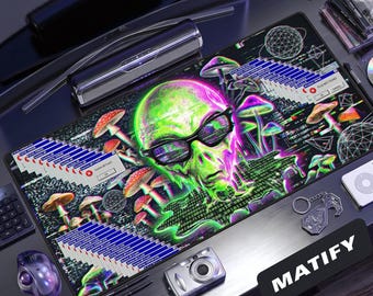 Trippy Alien Glitchcore Desk Mat | Psychedelic Webcore Gaming Mouse Pad | Neon Green Acid Trip Extended Pad | Edgy Tech Gift for Streamers