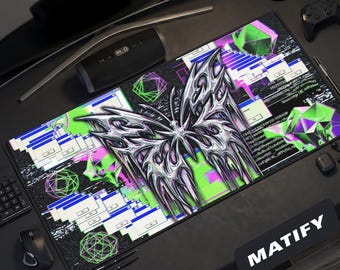 Alfombrilla de escritorio Glitchcore Butterfly / Alfombrilla de ratón Y2K Chrome Liquid Metal / Alfombrilla de juego extendida Cyber Webcore / Regalo para configuración tecnológica en verde ácido neón