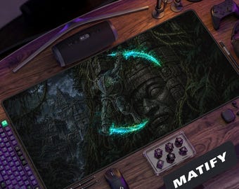 Dark Fantasy Chameleon Desk Mat | Glowing Rogue Warrior Gaming Mouse Pad | Jungle Ruins Ancient Temple RPG Setup | Gamer Boyfriend Gift