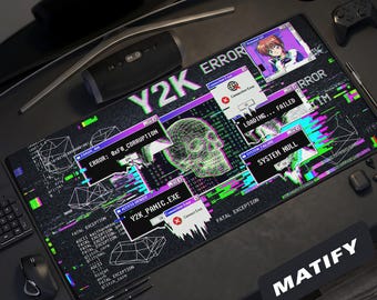 Alfombrilla de escritorio con error de pánico Y2K / Alfombrilla de ratón con arte glitch cyberpunk / Alfombrilla de fallo del sistema de anime retro / Regalo original para desarrolladores con configuración de hacker