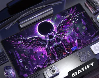 Cyberpunk Reaper Desk Mat | Dark Angel Glitchcore Gaming Mouse Pad | Purple Tech Throne Extended Pad | Edgy Tech Gift for Hardcore Gamers