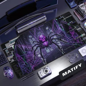 May include: A rectangular desk mat featuring a large, detailed black spider with a glowing purple abdomen and head, centered on a dark background with neon purple spiderwebs and digital code patterns. The word MATIFY is printed in white text.