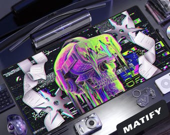 Cyber Shinobi Glitchcore Desk Mat | Melting Skull VR Gaming Mouse Pad | Neon Hacker Webcore Extended Pad | Edgy Tech Gift for Hardcore Gamer