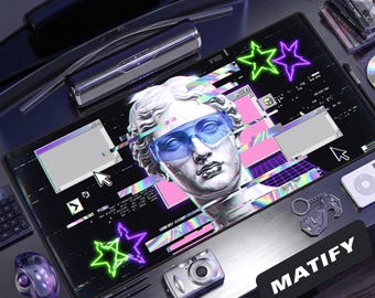Vaporwave Statue Glitch Desk Mat | Neon Aesthetic Roman Sculpture Mouse Pad | Retro Webcore Extended Pad | Edgy Tech Gift for Streamers