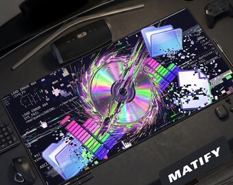 Alfombrilla de escritorio con efecto de CD roto / Alfombrilla de ratón para productor de audio neón / Accesorio para ecualizador Vaportrap / Regalo vanguardista para DJs en estudios de música
