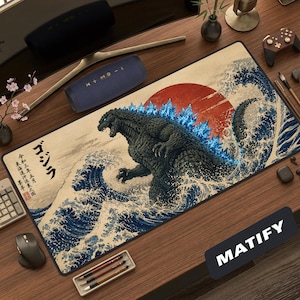 Alfombrilla de escritorio japonesa Godzilla La Gran Ola / Alfombrilla de ratón grande Kaiju Sol Naciente / Accesorio de escritorio minimalista vintage de arte oceánico Ukiyo-e, estético.