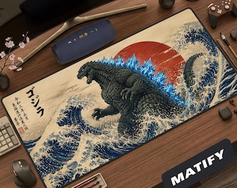 Alfombrilla de escritorio japonesa Godzilla La Gran Ola / Alfombrilla de ratón grande Kaiju Sol Naciente / Accesorio de escritorio minimalista vintage de arte oceánico Ukiyo-e, estético.