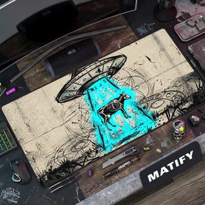 Grunge UFO Abduction Desk Mat, Neon Blue Gaming Mouse Pad, Sci-Fi Alien Office Decor, Large Computer Desk Mat for Gamer Gift Setup