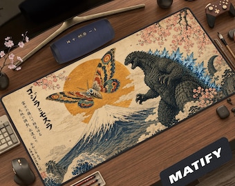 Alfombrilla de escritorio Godzilla Mothra / Alfombrilla de ratón grande con el monte Fuji japonés / Accesorio de escritorio minimalista vintage de arte oceánico Ukiyo-e, regalo estético