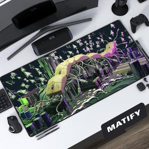 May include: A large rectangular mouse pad with a unique design featuring a chain of yellow computer mice connected by wires. The pad has a dark background with green and purple accents, and arrow and hourglass graphics.
