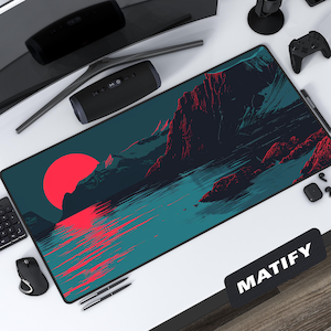 Synthwave Mountain Desk Mat Minimalist Landscape Art, Large Gaming Mousepad Red Sun, Abstract Vaporwave Aesthetic Workspace Office Decor