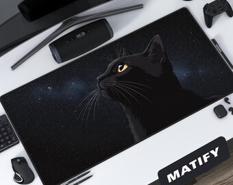 Black Cat Stargazing Desk Mat Celestial Galaxy Art, Large Gaming Mousepad, Minimalist Cosmic Aesthetic for Witchy Workspace Decor