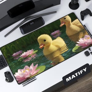 Cute Duckling Desk Mat Realistic 3D Art, Large Gaming Mousepad with Fluffy Ducks, Cottagecore Pond for Wholesome Kawaii Workspace Decor