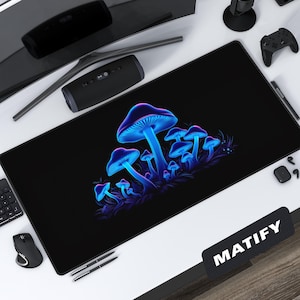 Glowing Blue Mushroom Desk Mat, Psychedelic Forest Art Large Gaming Mousepad, Trippy Cottagecore Decor, Magical Neon Fungi Gamer Desk Setup