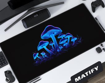 Glowing Blue Mushroom Desk Mat, Psychedelic Forest Art Large Gaming Mousepad, Trippy Cottagecore Decor, Magical Neon Fungi Gamer Desk Setup