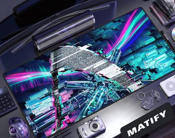 Glitchcore Cyberpunk Desk Mat | Neon Webcore Gaming Mouse Pad | Edgy Static Art Extended Pad | Cool Tech Gift for Streamers