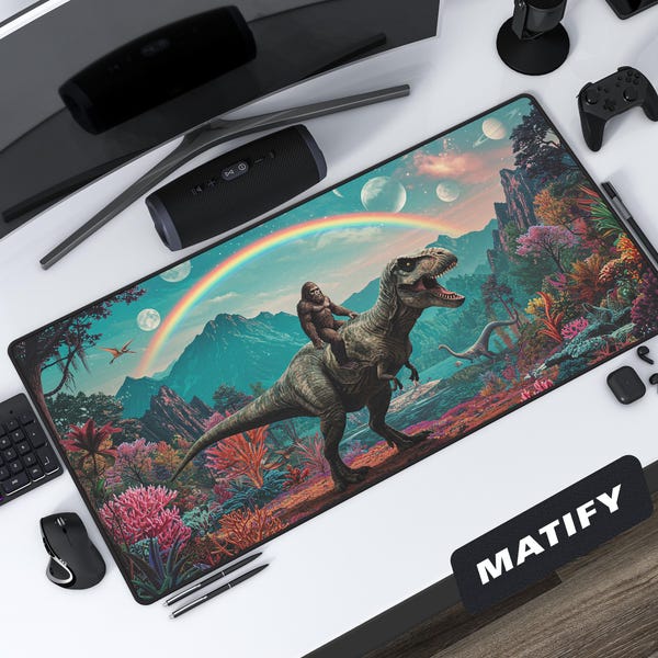 Bigfoot Riding T-Rex Desk Mat Funny Fantasy Art, XL Gaming Mousepad with Dinosaur and Sasquatch, Epic Rainbow for Psychedelic Workspace