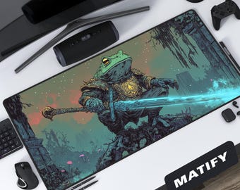 Frog Knight Desk Mat Epic Fantasy Art, Large Gaming Mousepad with Warrior Toad, DnD Aesthetic for RPG Gamer Workspace Dungeon Master Decor