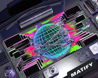 Glitchcore Hacker Globe Desk Mat | Barbed Wire Cyber Y2K Gaming Mouse Pad | Neon Green & Pink Extended Pad | Tech Gift for IT Security