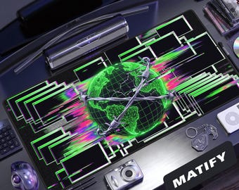 Cyber Glitch Globe Desk Mat | Barbed Wire Hacker Gaming Mouse Pad | Neon Green & Pink Webcore Extended Pad | Edgy Tech Gift for IT Pros