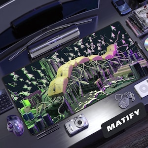May include: A rectangular desk mat featuring a surreal digital illustration of a segmented creature made of computer mice and cables, set against a dark background with scattered cursor and hourglass icons, with the text MATIFY in the corner.